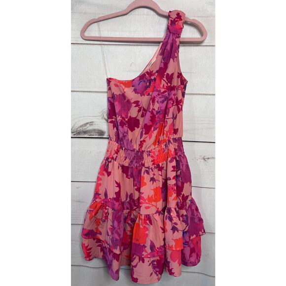 entro Dresses & Skirts - Entro One Shoulder Dress Pink Red Floral Ruffles Flirty Size SM